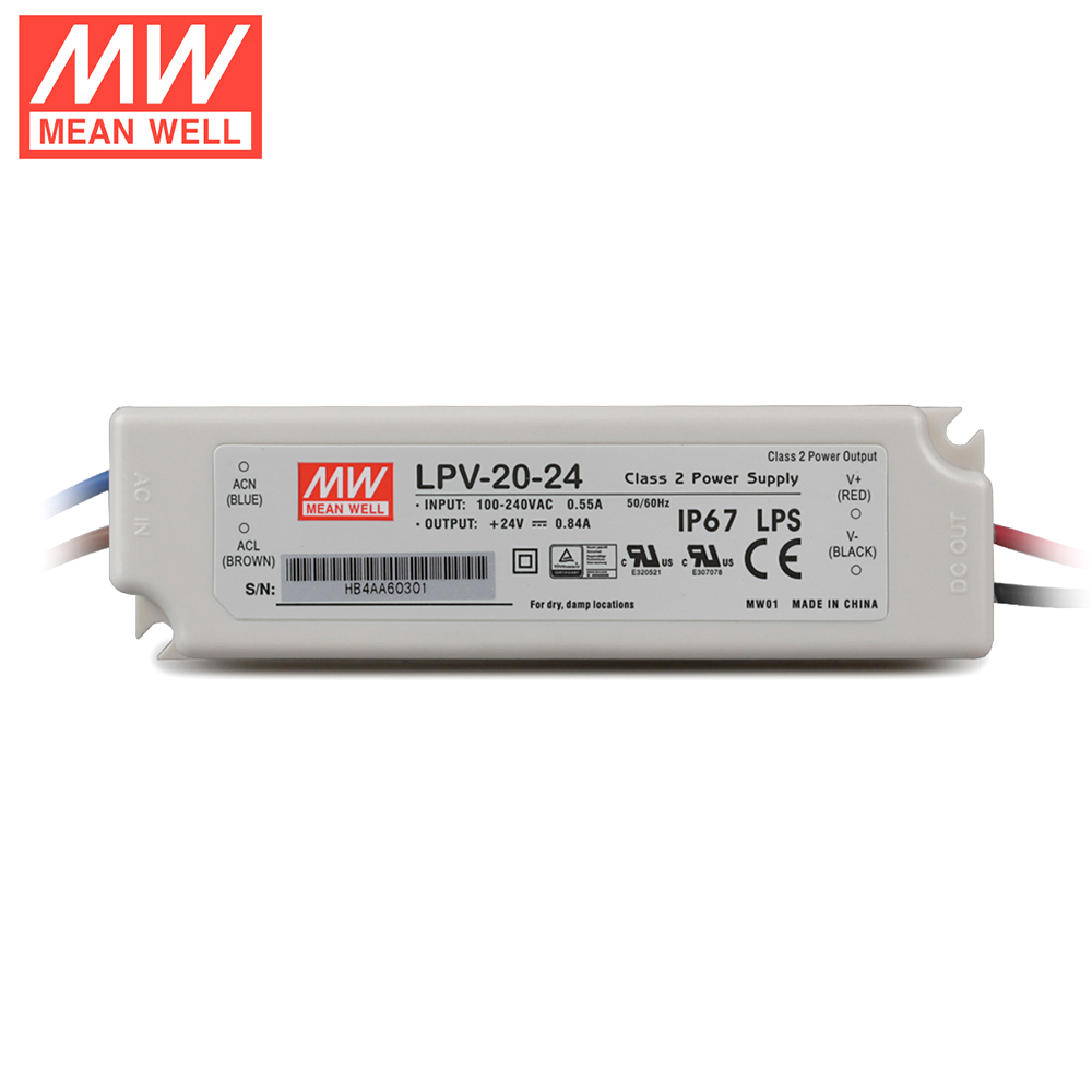 LPV-20-24 20Watt AC90～264V Input Mean Well High-efficacy Waterproof DC24V UL-Listed LED Display Lighting Power Supply